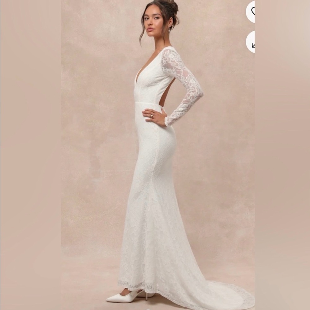Lulu's White Long Sleeve Lace Bridal Gown